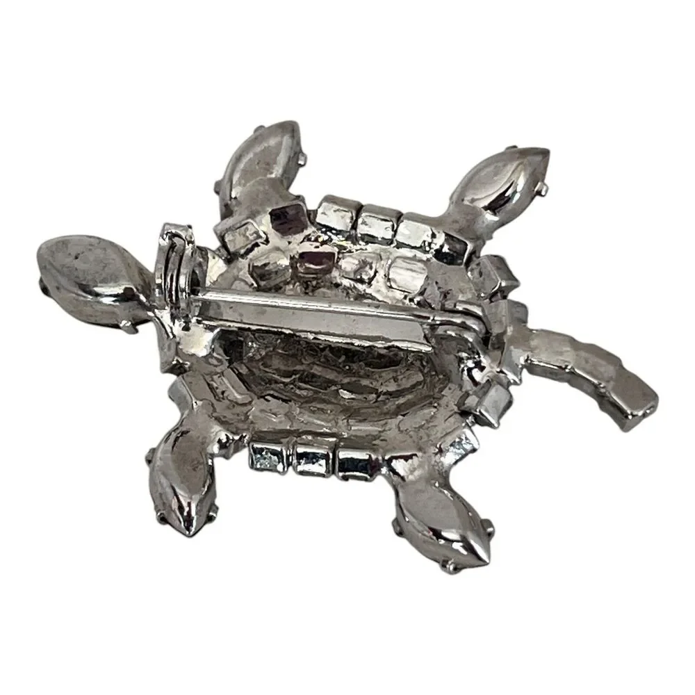 Vintage 1960s Turtle Brooch Rhinestone Gray Clear Crystal Silver Tone Pin - 8T